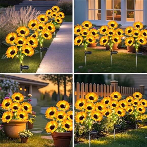 Sunflower Solar Lights Outdoor Decor, 4 Pack Solar Garden Decor 24 Waterproof - Picture 6 of 7